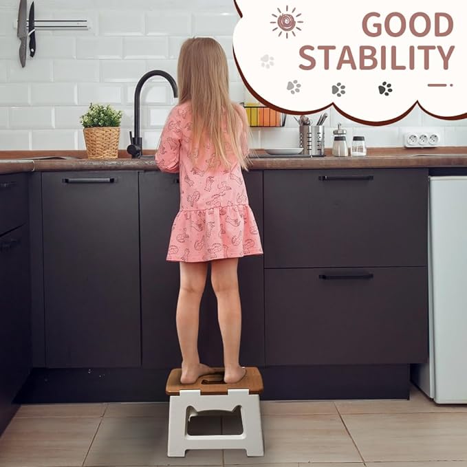 CasaZenith Step Stool Foldable, 9'' Folding Step Stool for Kids & Adults, Hold Up to 300lb, Lightweight Small Collapsible Step Stools with Handle, Stepping Stools Suitable for Kitchen Bathroom (Khaki)