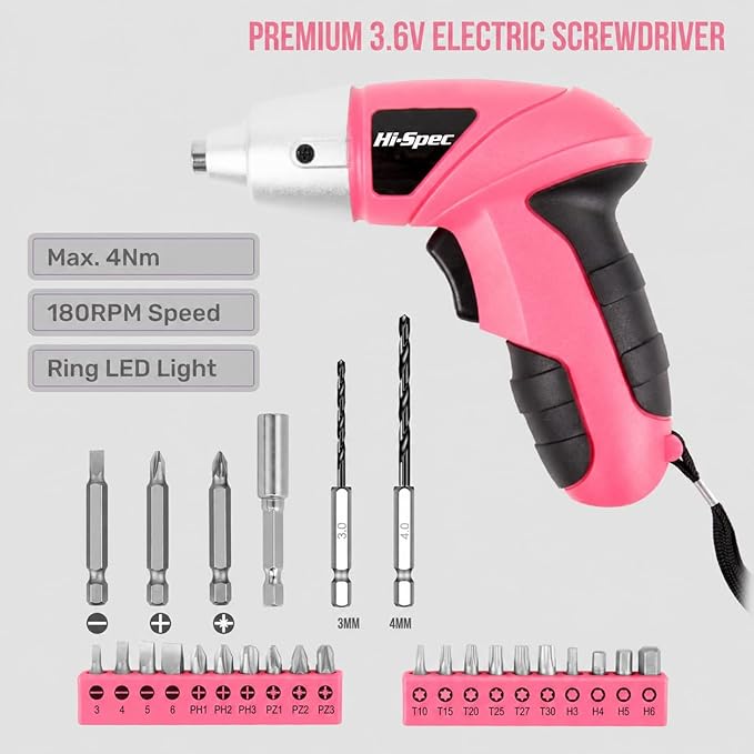 Hi-Spec Small Electric Screwdriver, Mini Drill Set, Rechargeable 3.6V Cordless Screwdriver with 26 Driver Bits, Power Tool for Small Projects & Home Use, Pink