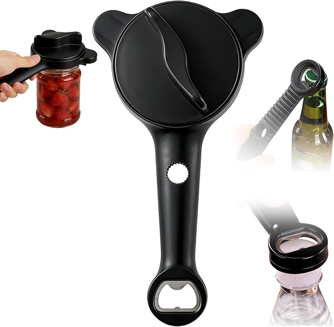Multi-Functional 4-in-1 Jar & Bottle Opener, Adjustable Grip for Lids 1-3.5 Inches, Magnetic Stainless Steel Can Opener with Ergonomic Handle, Easy Open Kitchen Tool (1-Pack, Black)