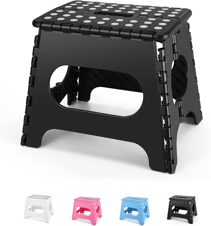 Dyforce Folding Step Stool 11", Durable Kids Step Stool, Heavy Duty Step Stools for Adults, Compact Foot Stools, Light-Weight Toddler Step Stools for Kitchen, Bathroom, Holds Up to 300 lbs (Black)