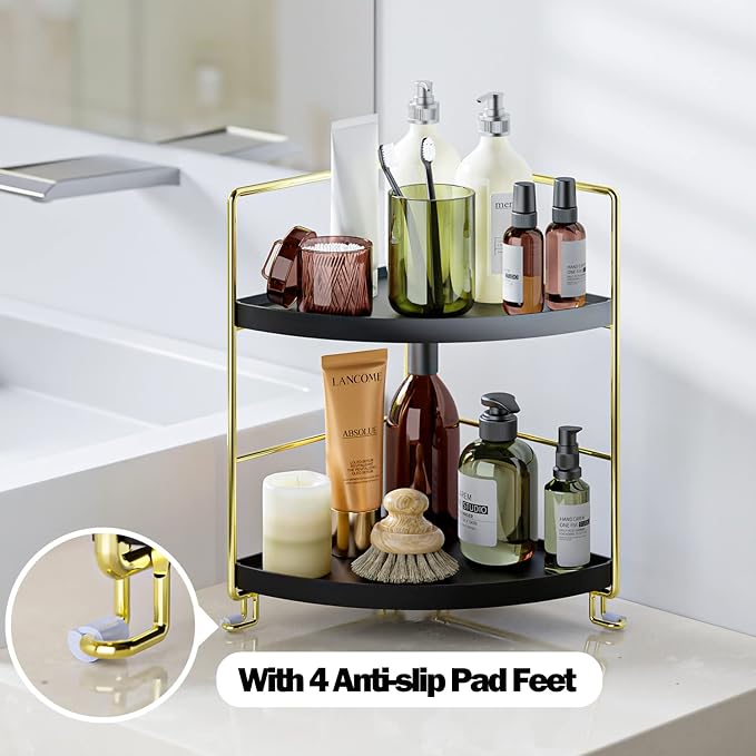 2-Tier Bathroom Corner Counter Organizer, Makeup Storage Shelf Vanity Tray, Bathroom Sink Countertop Organizer, Black