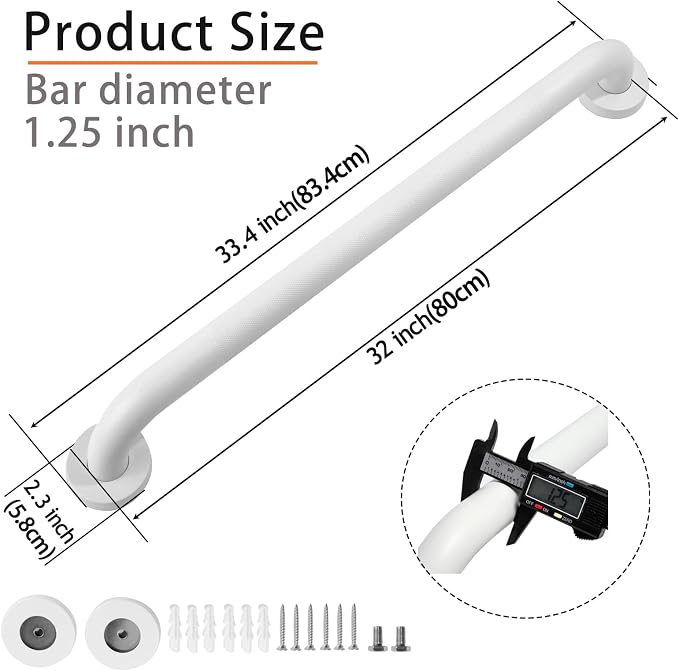 Shower Grab Bar, 2 Pack 32 Inch White Bathroom Grab Bar, 1.25" Diameter 304 Stainless Steel Anti-Slip Grab Bars for Bathtubs and Showers, Handicap Shower Grab Bar for Seniors Elderly