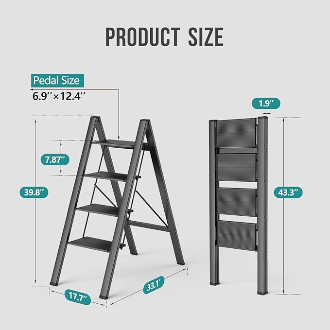 WOA WOA 4 Step Ladder, Foldable Step Stool, Aluminum Lightweight Ladder for Home Kitchen Closet, Anti-Slip Pedals, Ease of Folding, Portable, 300lbs Capacity - Black