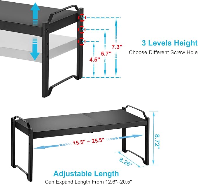 X-cosrack 25.5 Inches 2 Pack Expandable Cabinet Shelves, Stackable Shelf Organizer for Kitchen Cabinet Countertop Storage, Adjustable Counter Cupboard Pantry Organizer Shelf Rack Stand Riser, Black