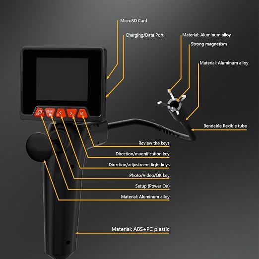 Endoscope Camera with Light and Grabber, Sewer Borescope Inspection Mirror with Magnetic Pickup, Drain Snake Scope for Automotive Repair & Pipe Cleaning, IP67 Waterproof, 6 LED, 23.6-Inch