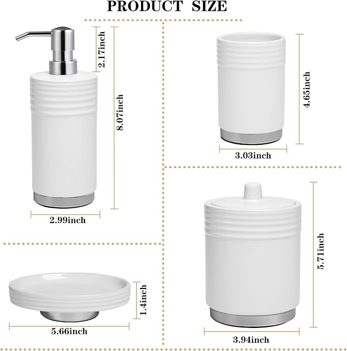 RQYIXI Bathroom Accessories Set 4 Pieces Ceramic Bathroom Accessory with Metal Base Set Contain Soap Dispenser Cotton Swab Jar Toothbrush Cup Soap Dish
