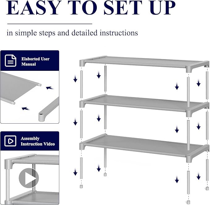 Kitsure Shoe Rack - Non-Woven Shoe Rack Shelf, Shoe Organizer for Closet, Entryway, Garage & Corridor, Stackable Shoe Shelves, 27.5" Wide - 3 Tier, Grey