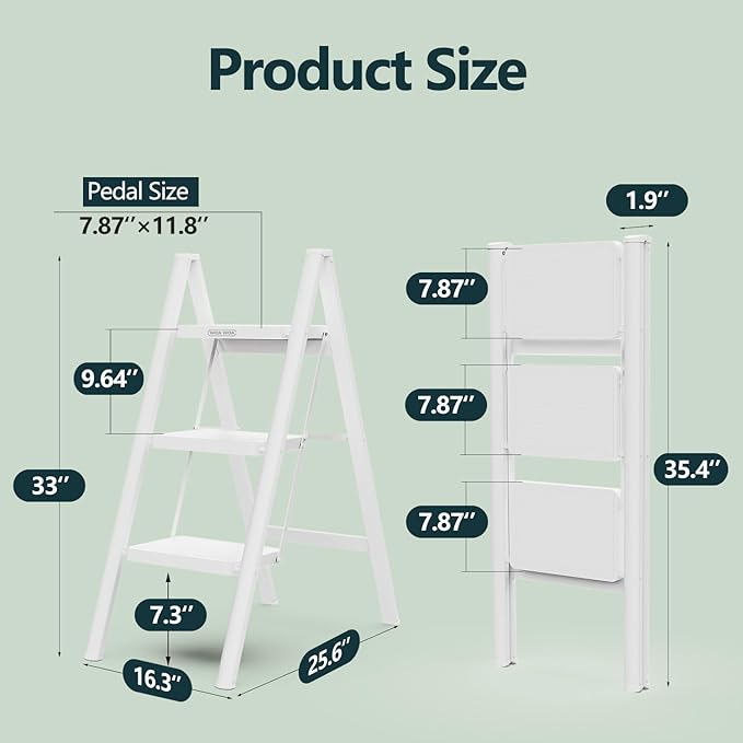 WOA WOA Step Ladder for Home, Foldable Step Stool for Kitchen with Non-Slip Pedals, Sturdy Ladders Supports up to 330 lbs, Compact and Portable - 3 Step/White