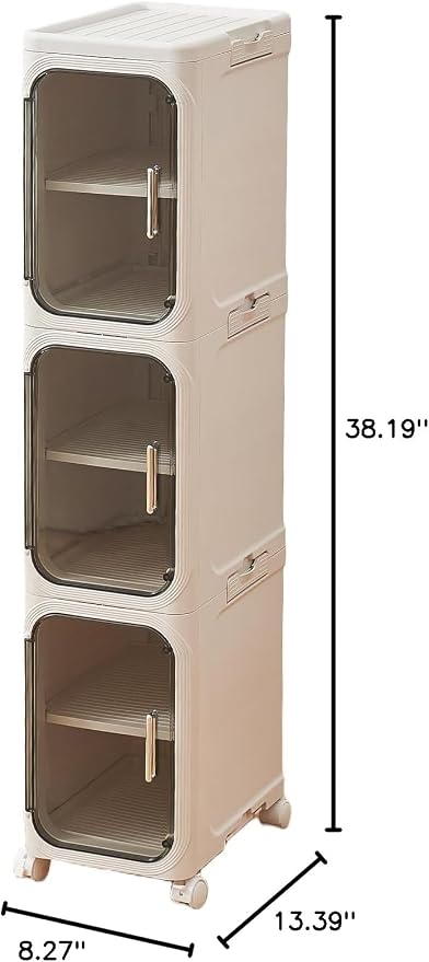 UFORU 3-Tier Narrow Storage Cabinet with Magnetic Doors and Shelves, Plastic Slim Bathroom Organizers and Storage with Wheels for Small Spaces Bathroom, Kitchen, White