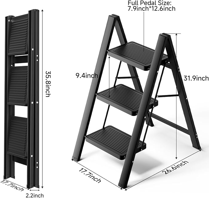 SOLADDER Step Ladder 3 Step Folding, Small Step Stool for Adults, Portable Anti-Slip Iron Stepladder with Wide Pedals for Home and Kitchen Use, Space Saving - Black (300 lbs)