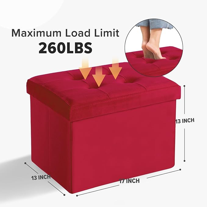LINMAGCO Storage Ottoman Folding Foot Stool Velvet Foot Rest with Padded Modern Ottoman with Storage for Living Room Puppy Step Stool 17x13x13in(Neon Red)