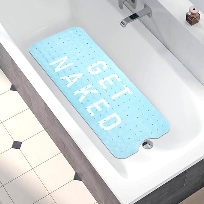 Bathtub Mat Non Slip, Get Naked Extra Long Bath tub Mat Shower Floor Mat with Suction Cups and Drain Holes for Adults Kids Elderly 40 X 16 Inch
