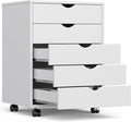 OLIXIS 5 Drawer Mobile File Cabinet Under Desk Storage Organization with Wheels Vertical Filing Chest Rolling Wood Small Desk Printer Stand for Home Office, 15.75"D x 18.74"W x 25.39"H, White