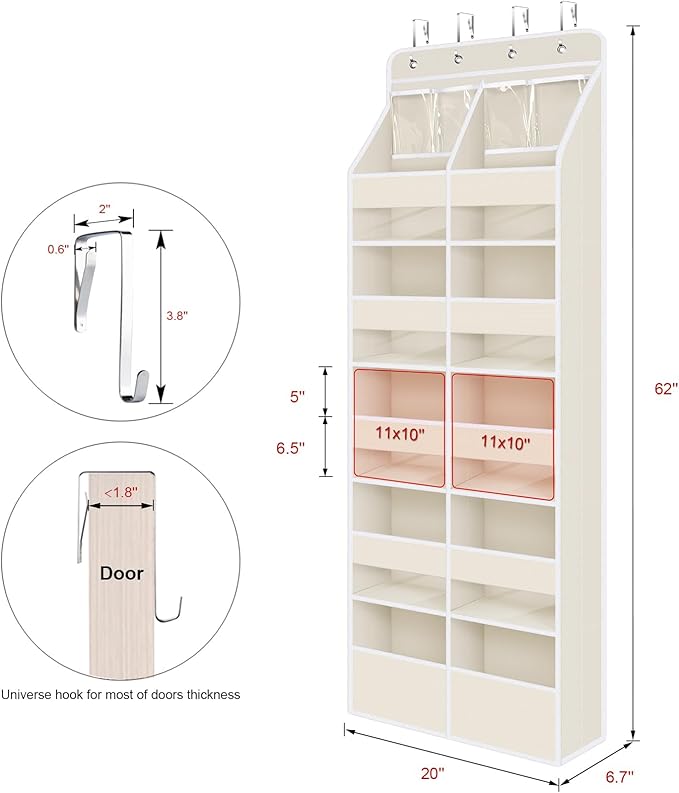 Univivi 6-Shelf Baby Door Storage Over Door Fabric Hanging Organizer with 10 Deep Pockets and 4 Small PVC Pockets Wall Mount Hanging Storage Organizers for Baby Essential (Beige)