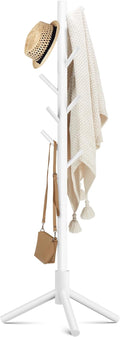Haddockway Wooden Coat Rack Stand with 8 Hooks New Zealand Pine 3 Adjustable Coat Standing Tree Easy Assembly for Coats, Hats, Scarves and Handbags for Entryway, Hallway, Bedroom, Office, white