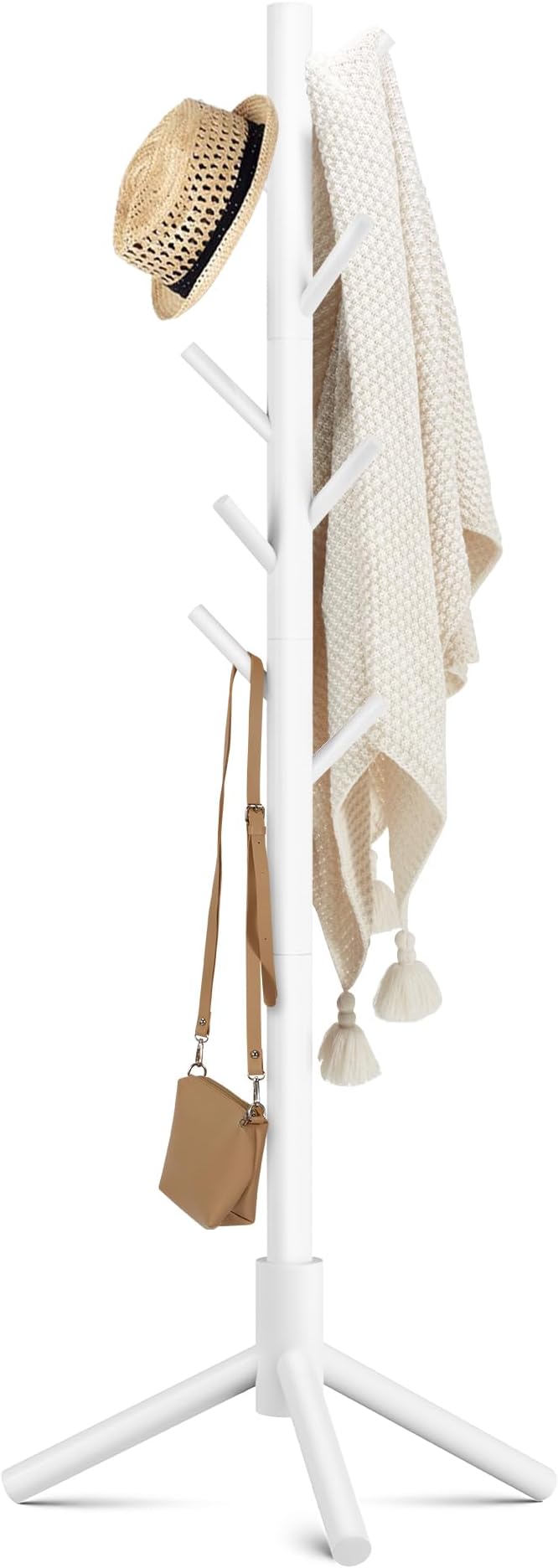 Haddockway Wooden Coat Rack Stand with 8 Hooks New Zealand Pine 3 Adjustable Coat Standing Tree Easy Assembly for Coats, Hats, Scarves and Handbags for Entryway, Hallway, Bedroom, Office, white
