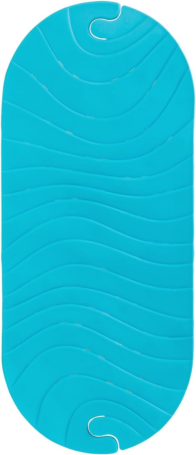 Boon B11192 RIPPLE Textured Non Slip Baby Bath Tub Mat with Hanging Hook and Drain Holes, Blue