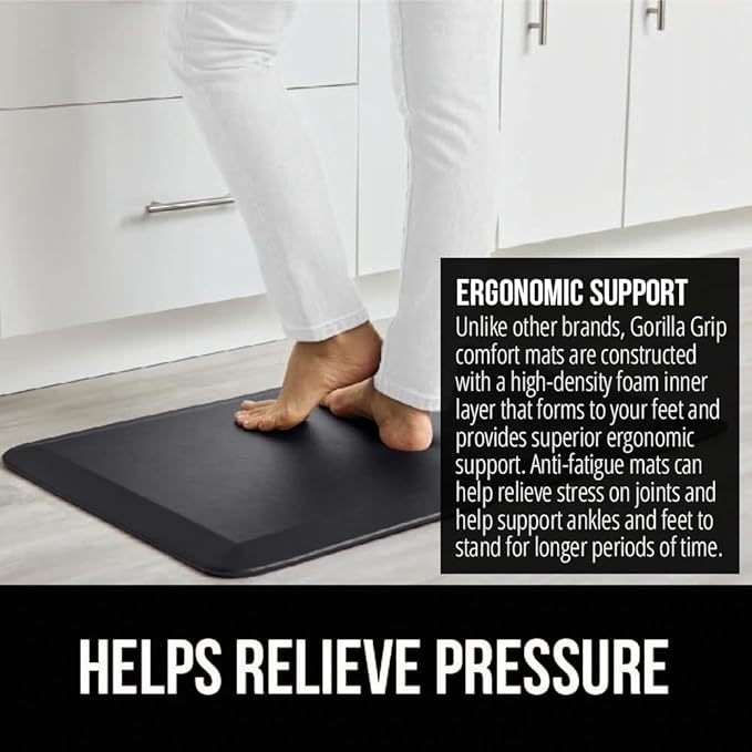 GORILLA GRIP Comfortable Cushioned Kitchen Mats for Floor, Waterproof Stain Resistant Top, 3/4 Inch Thick Ergonomic Standing Desk Anti Fatigue Mat, Supports Ankles and Feet, 17x24, Black (Pack of 2)