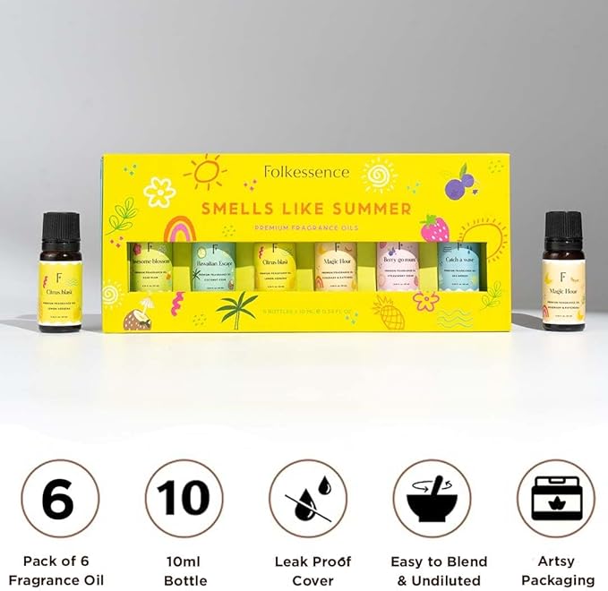 Folkulture Summer Essential Oil Set of 6 | Lemon Essential Oils for Diffusers for Home, Humidifiers, Aromatherapy | Citrus, Coconut, Fragrance Oil for Diffuser, Candle, Soap Making - Summer Vibes