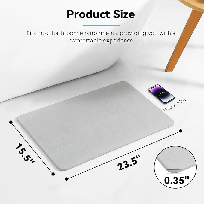 Stone Bath Mat, Dries Quickly, Non-Slip Diatomaceous Earth Bath Mats for Bathroom, Super Absorbent Shower Mat, Easy to Clean, 23.5" x 15.5" Carbon Gray