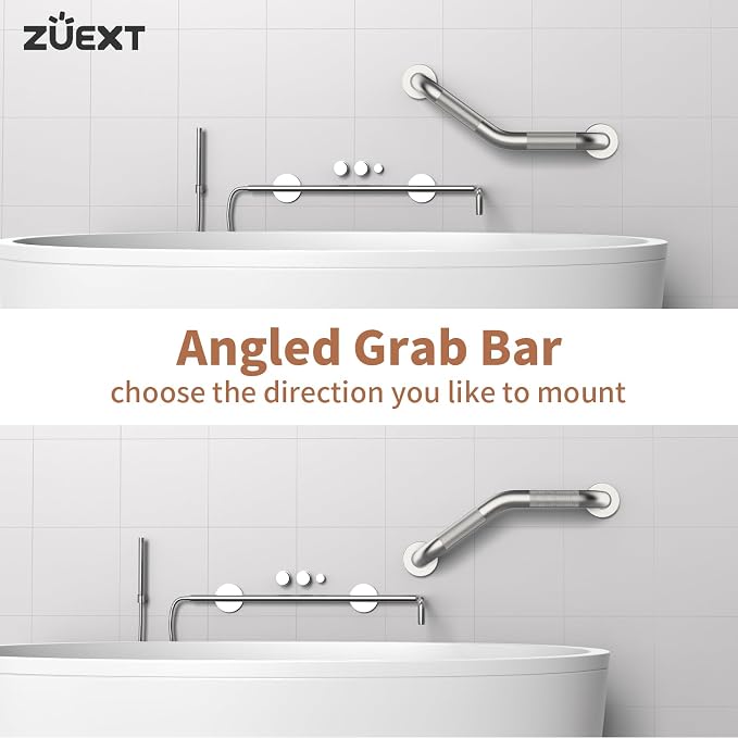 16 Inch Angled Grab Bar 2 Pack, ZUEXT Anti Slip Shower Grab Bar, Brushed Nickel Stainless Steel Knurled Bathroom Balance Bar, Safety Handrail Support,Handicap Elderly Injury Senior Assist Bath Handle
