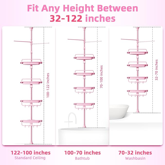 XLHOMO 32-122inch Corner Shower Caddy Tension Pole Pink, Rustproof Drill-Free Shower Shelves for Bathroom Bathtub Washbasin, Adjustable Shower Organizer with 4 Tier Patent Stable Shelves & Towel Bars