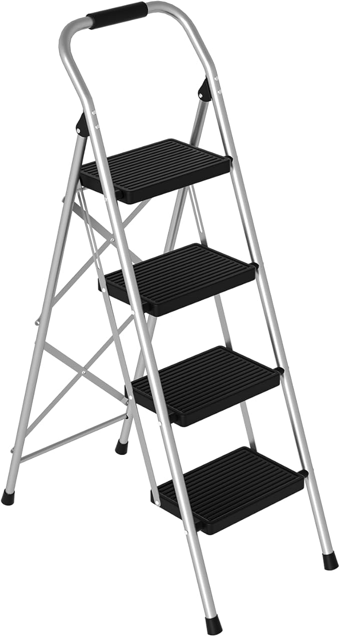 Step Stool for Adults,4 Step Ladder Folding 330lbs Anti Slip Step Ladder,Foldable Ergonomic Step Stool with Wide Pedal for Home, Kitchen, Office (Sliver)