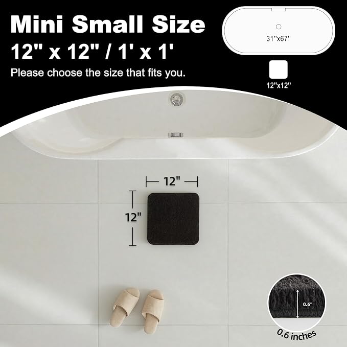 TYUU Small Bath Mat, Ultra Soft Bathroom Rugs Non Slip Washable, Super Absorbent Quick Dry Bath Rug with Rubber Backing for Bathroom Floor, Shower, or Sink, Black 12" x 12"