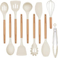 Silicone 10 Pcs Kitchen Cooking Utensils Set, Recycled Materials Certification, BPA Free Spatula Set with Heat Resistant Wood Handles for Nonstick Cookware, Cream White