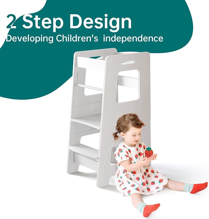 Kitchen Step Stool, WOOD CITY Toddler Kitchen Stool Helper with Safety Rail, Height Adjustable Child Standing Tower Learning Stool for Counter and Bathroom Sink (White)
