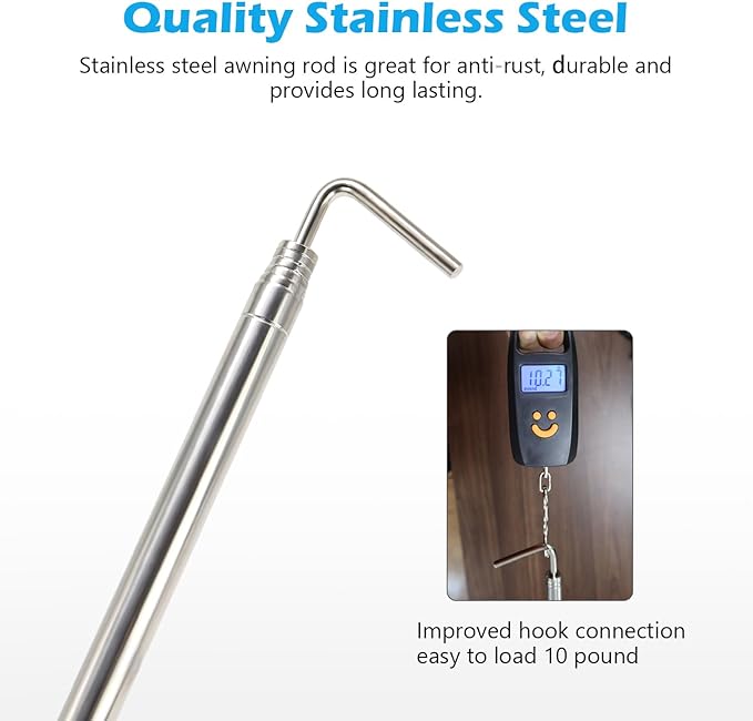 Manual RV Awning Rod Opener Easy Reach Telescopic Puller 13-3/4" to 44-3/4" Stainless Steel Silver & Black - 1pack