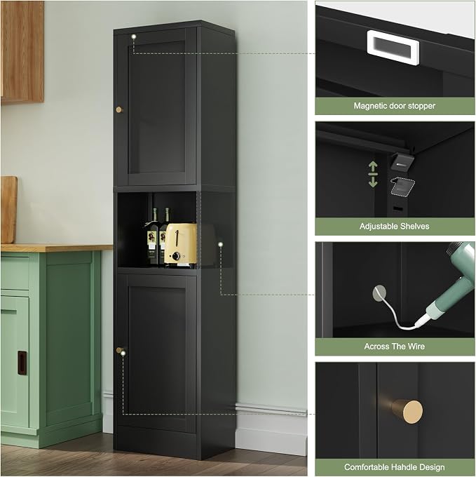 Bevivog Metal Bathroom Storage Cabinet Freestanding, 67" Tall Narrow Pantry Cabinet with Shelves for Kitchen, Skinny Metal Pantry with Hutch, 16" Wide Slim Cabinet for Small Spaces