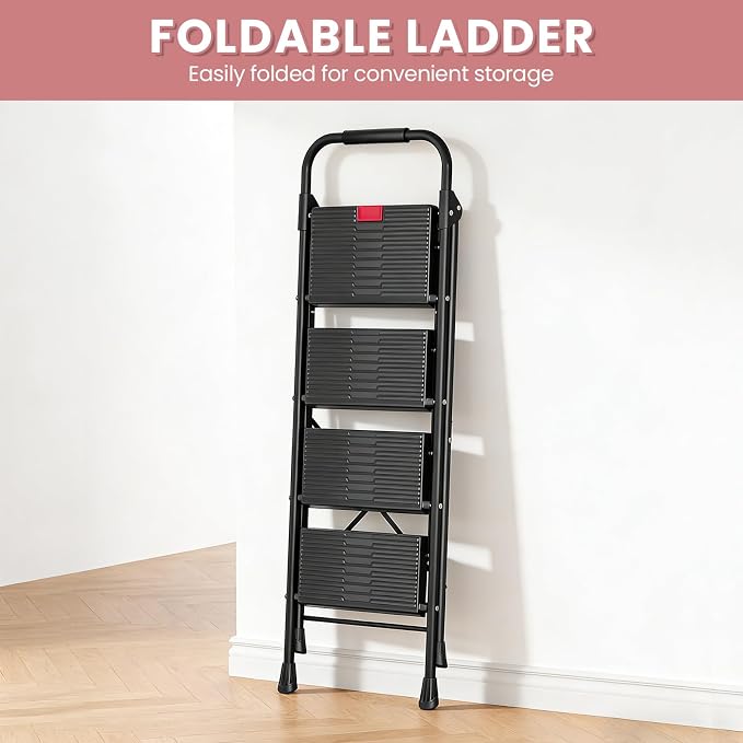 TOOLF 4 Step Ladder Folding Step Stool with Handrail, Heavy Duty Steel Ladder, Anti-Slip Wide Steps, Safe Lock, Portable Ladder for Home Kitchen Garage, Black