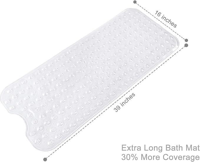 TEESHLY Bathtub Mats for Shower Tub, Extra Long Non-Slip 39 x 16 Inch Bath Mat with Drain Holes and Suction Cups, BathMat for Bathroom with Machine Washable (Clear)