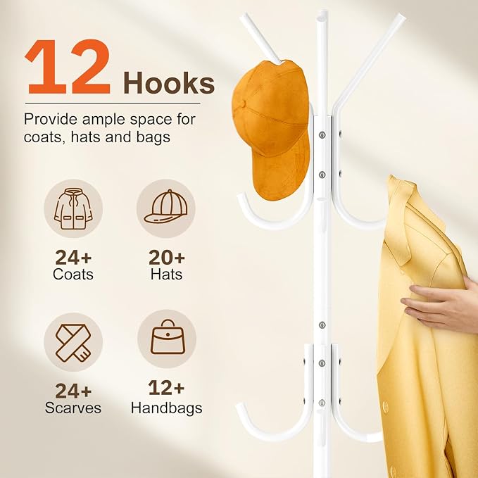 MISSLO Heavy Duty Coat Rack Freestanding with Stable Wood Base Modern White Coat Tree with 12 Hooks Adjustable Coats Hanger Stand Stylish Standing Clothes Tree for Entryway Bedroom Corner Hall