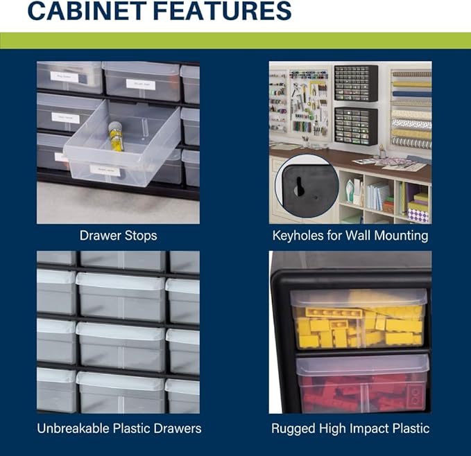Akro-Mils 24-Drawer Plastic Storage Cabinet | 20" W x 6" D x 16" H | Black | Model 10124 | Garage Organization