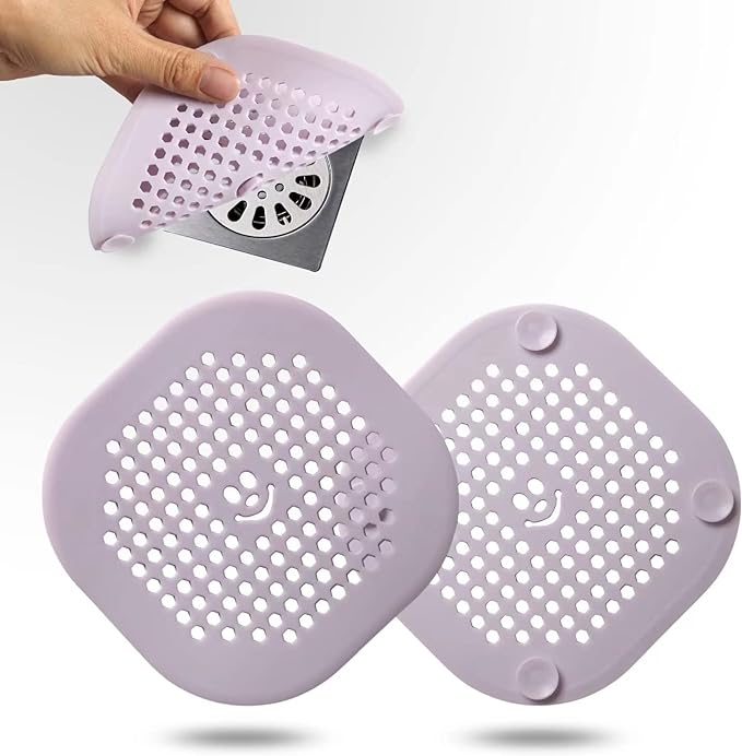 2 Pack Drain Hair Catcher Silicone Drain Cover Hair Stopper with Suction Cup for Shower Kitchen Bathroom Light Purple