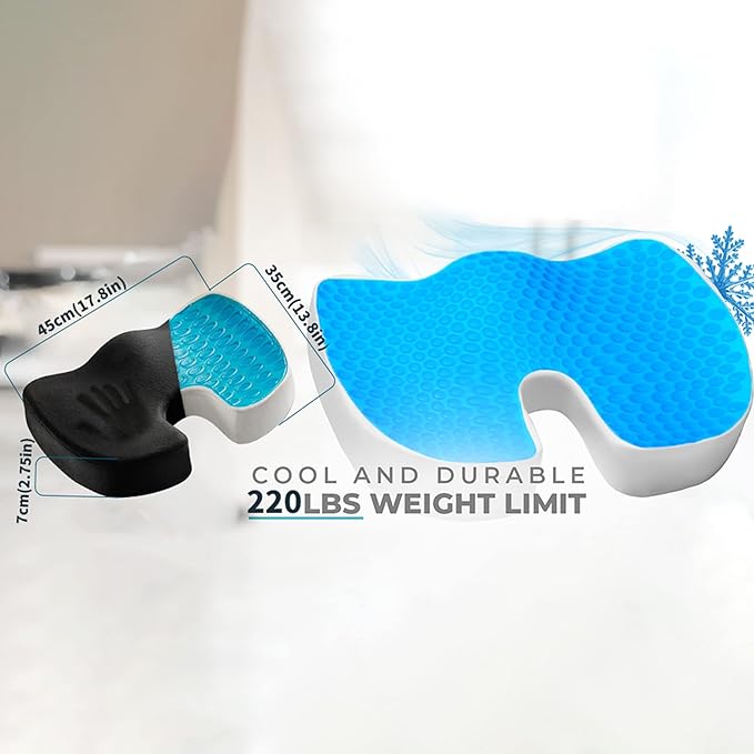 Cooling Gel Seat Cushion for Long Sitting - Memory Foam Chair Pillow for Sciatica Pain Relief - Orthopedic Gel & Memory Foam Coccyx Pad for Tailbone Pain - Office Chair Cushion for Back Pain