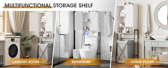 Vabches Over The Toilet Storage Cabinet with 2-Door Design Bathroom Organizers and Storage with Anti-Tip Device Over Toilet Organizer with Shelves for Bathroom,Restroom,Laundry White