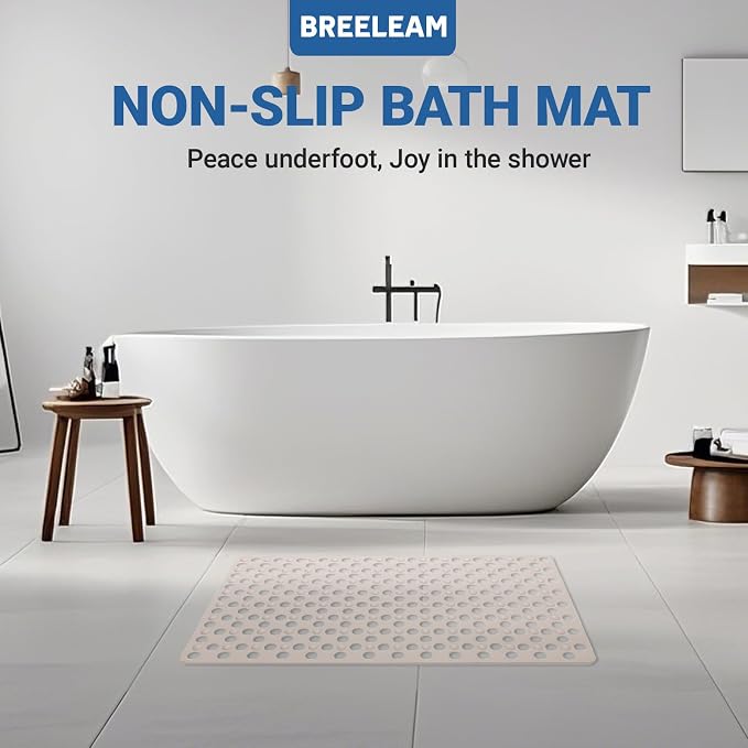 Non Slip Bathtub and Shower Mat 31x17 inch,Bath Mat with Quick Dry Drain Holes and Suction Cups, Soft Comfortable Safe Bathroom Mat for Bath Tub, Floor, Tile (Khaki)