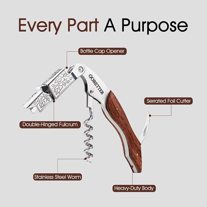 GOBETTER Wine Opener, Professional Corkscrews for Wine Bottles Cap Remover, Manual Wine Key for Home Use, Servers, Waiters Bartenders and Wine Lovers, Classic Rosewood