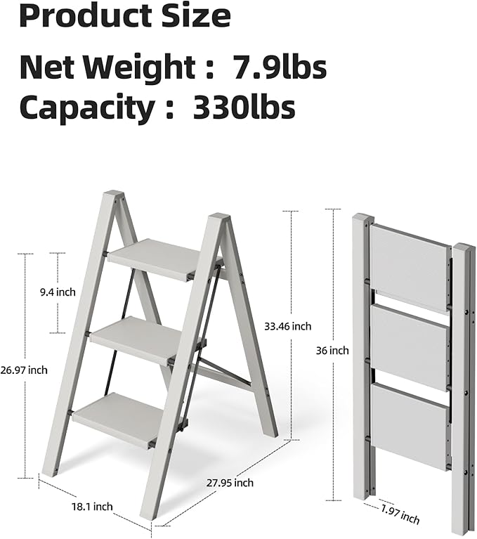 HillhutApex 3 Step Stool, Aluminum Foldable Step Ladder, Lightweight Stable Stool with Wide Non-Slip Pedals, 330lbs Bearing Capacity Ladder for Office,Home,Kitchen - Grey