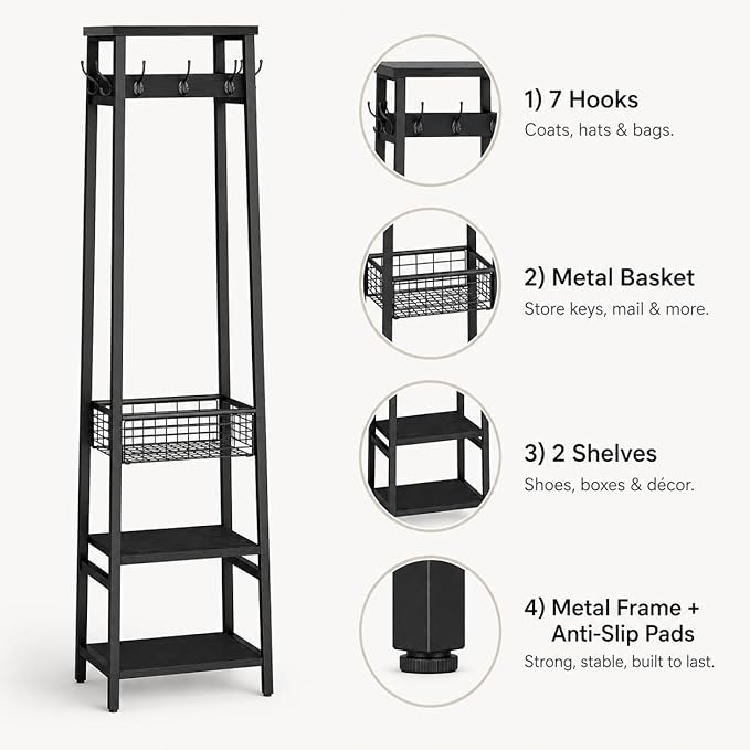 Coat Rack Freestanding, Coat Stand with Metal Basket and Storage Shelves, Hall Tree Free Standing with and 7 Hooks, Clothes Rack Stand Organizer, Black