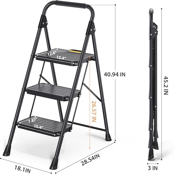 TOOLF 3 Step Ladder, Sturdy Steel Step Stool with Anti-Slip Wide Pedals, Handrail, Safe-Lock Design, Folding Portable Ladder for Multi-Purpose, Home, Kitchen, Pass 800lbs Load Testing, Black