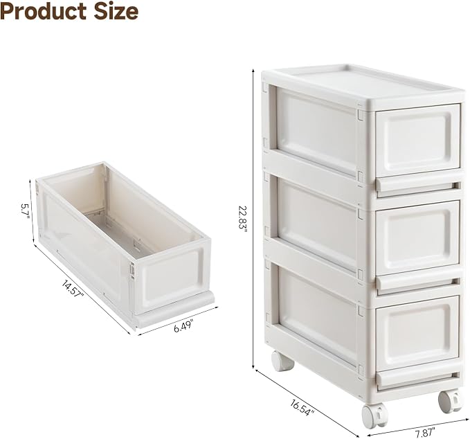Narrow Plastic Storage Drawers: 3 Drawer Storage Organizer with Wheels, Narrow Storage Cabinet, Rolling Storage Cart for Narrow Space, 7.87-inch Wide (All-White)