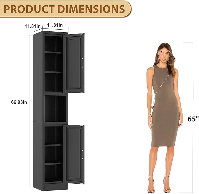 Tall Metal Narrow Bathroom Storage Cabinet 67" H, Tall Black Pantry Cabinets with 4 Adjustable Shelves and 2 Doors for Kitchen, Home Office, Living Room, Dining Room(11.8 inches Wide)