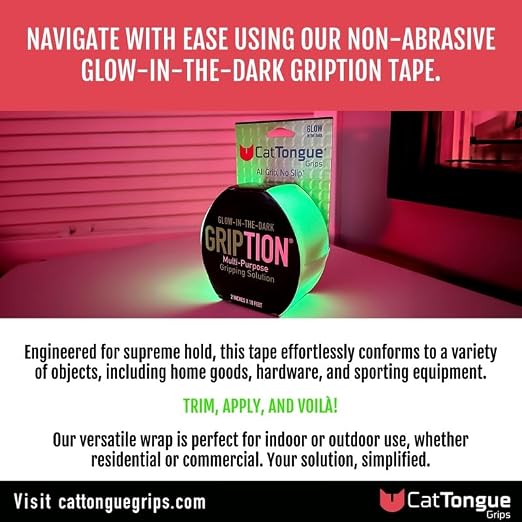 CATTONGUE GRIPS Non-Abrasive Grip Tape Roll - 2” Wide Heavy-Duty, Waterproof Anti-Slip Tape for Bathtubs, Stair Treads, Ramps & More - Indoor & Outdoor Non-Skid Solution (Glow, 10ft)