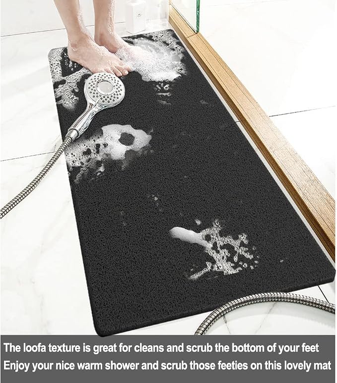 SONGZIMING Shower Mat Non Slip Without Suction Cups, 32x17 Inch, Bath Mat with Drain, Loofah Mat for Textured Surface Tub, Bathroom, Quick Drying, Black