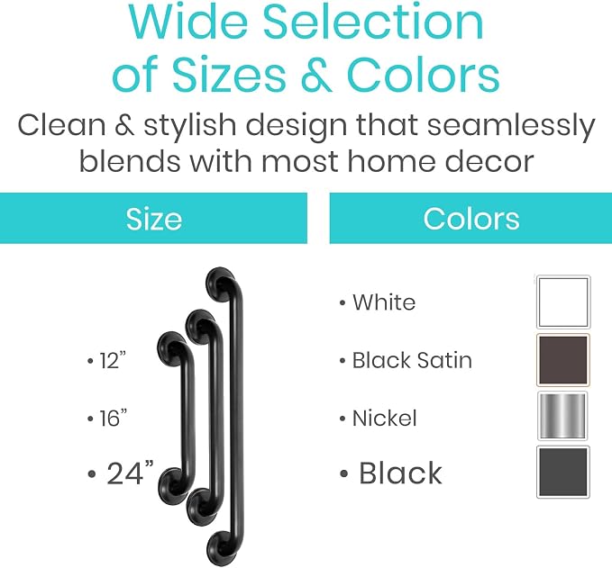Vive Grab Bar for Showers - Bathroom Antislip Handrail for Seniors, Elderly Assistance Product, Heavy Duty Shower Handles, Handicap Grab Bars, Stainless Steel, Multipurpose, 440 lbs (Black)