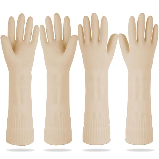 DABOGOSA Mamison 2 Pairs Reusable Waterproof Household Dishwashing Cleaning Rubber Gloves, Non-Slip Kitchen Glove (Ivory, Large (Pack of 2))